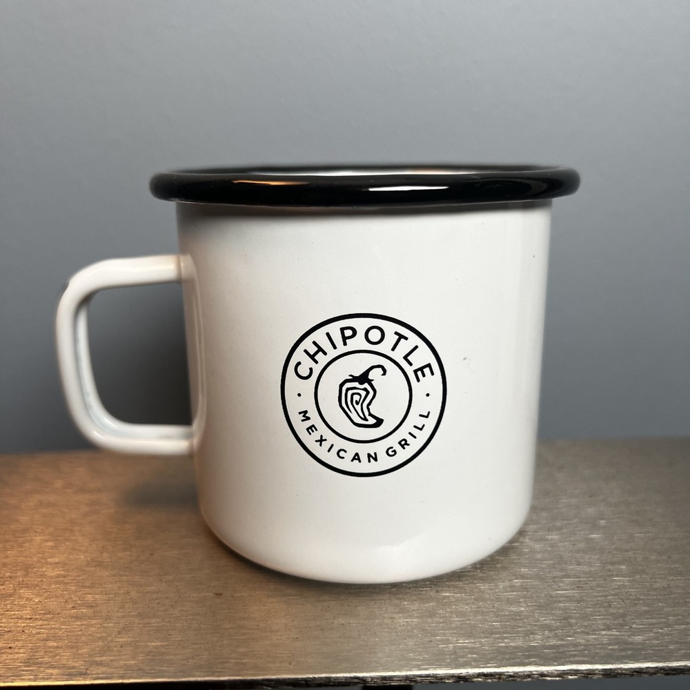 Chipotle Mexican Grill Enamel Coffee Mug White Black Rim Camping Cup Logo 3.25in